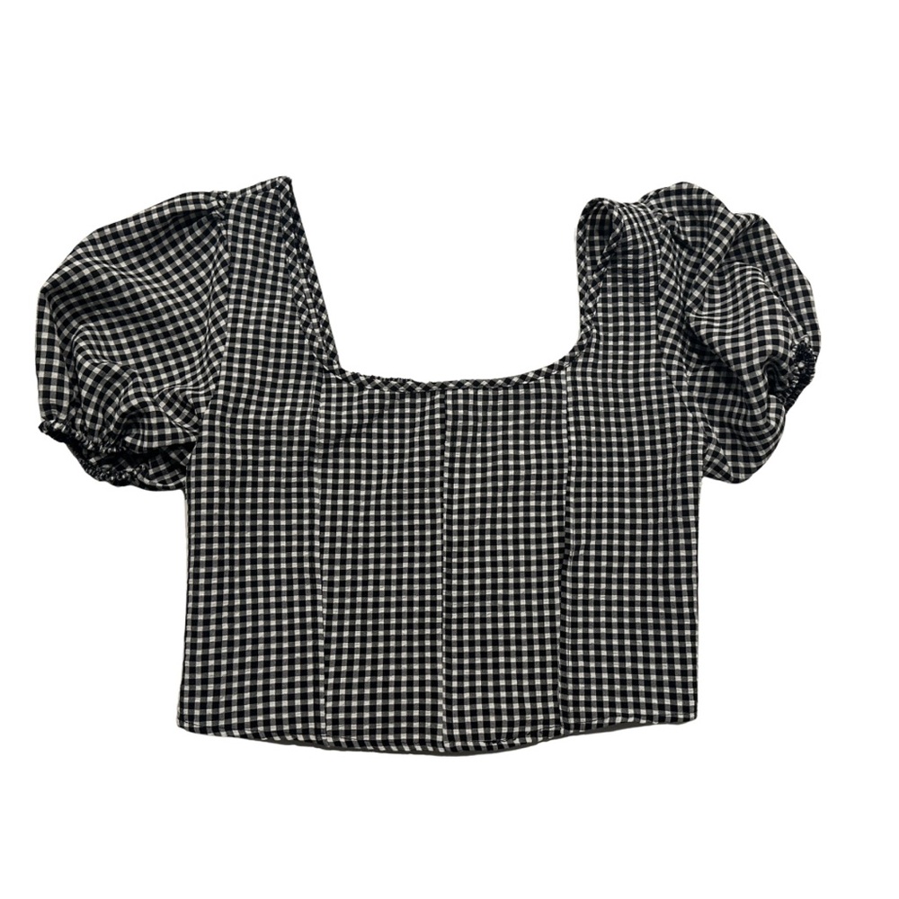 Sienna Sky Monochrome Checkered Puff Sleeve Blouse